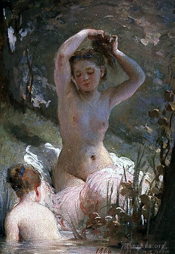 Charles Joshua Chaplin Oil Painting - Two girls bathing nudes Charles Joshua Chaplin